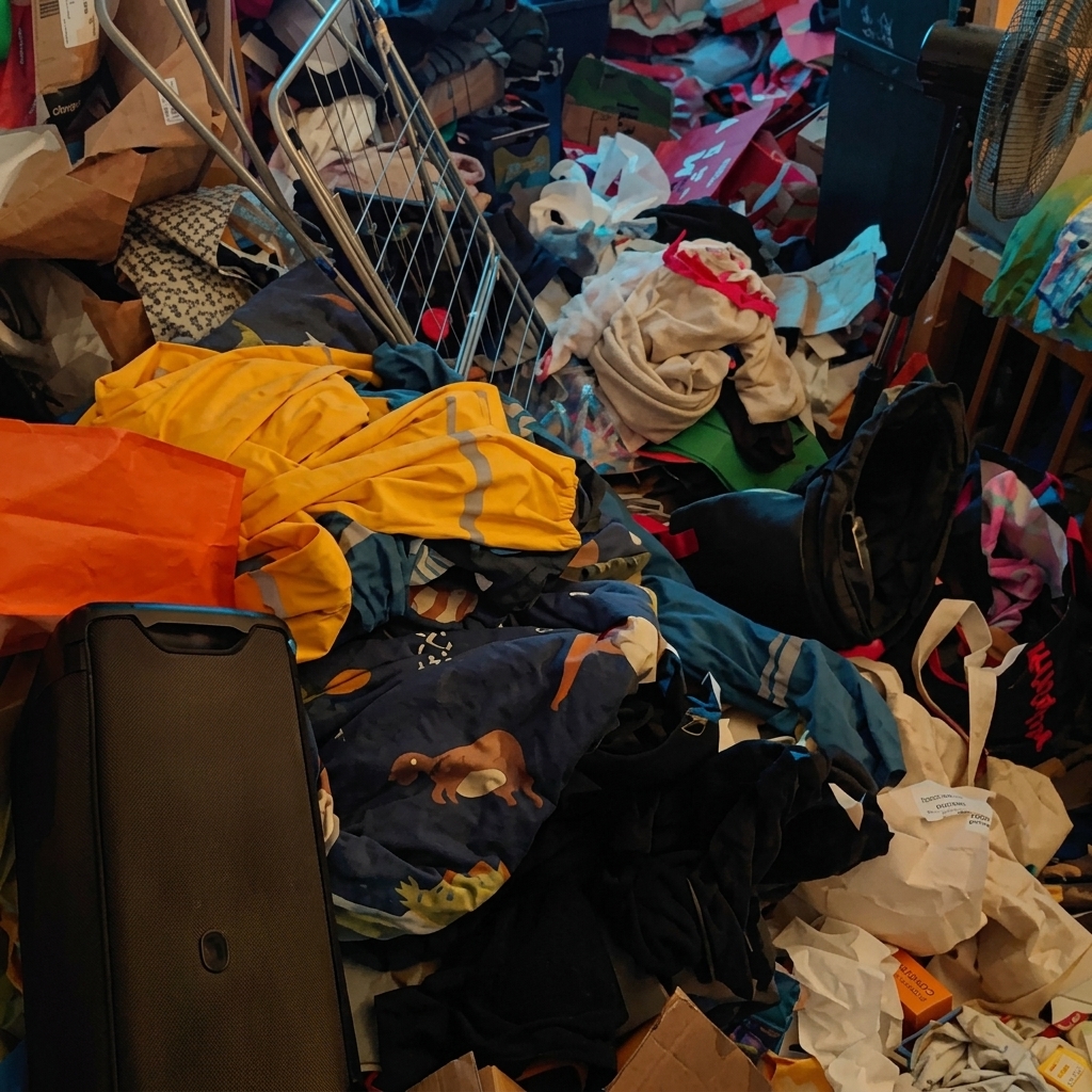 Messie-Chaos mit Bergen von Kleidung und Wäsche in einer Wohnung in NRW